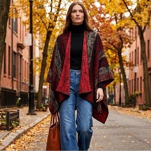 Red and Black Cashmere Ruana  100%